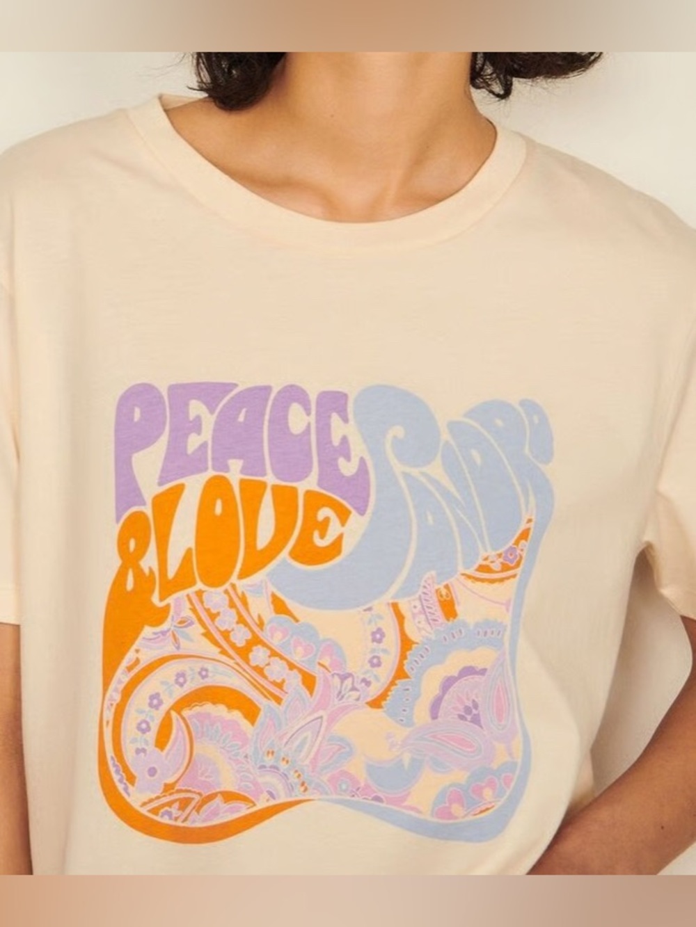 SANDRO ORGANIC COTTON PEACE T-SHIRT  SZ 3 L SEE LAST PIC TINY HOLE LUXURY